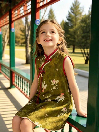 Vintage Chinese Style Kids Sleeveless Cheongsam Vest Dress Goldfish