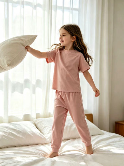Kids Cotton Lyocell Loungewear Set, Raglan Short‑Sleeve Top & Jogger Pants 2‑Piece Soft Sleepwear Outfit