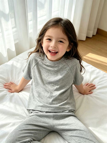 Kids Cotton Lyocell Loungewear Set, Raglan Short‑Sleeve Top & Jogger Pants 2‑Piece Soft Sleepwear Outfit