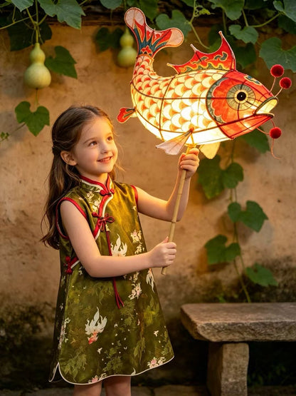 Vintage Chinese Style Kids Sleeveless Cheongsam Vest Dress Goldfish