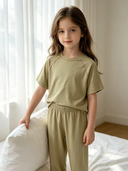 Kids Cotton Lyocell Loungewear Set, Raglan Short‑Sleeve Top & Jogger Pants 2‑Piece Soft Sleepwear Outfit