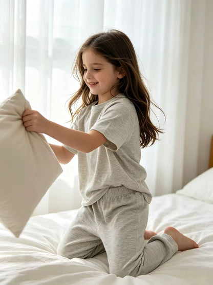 Kids Cotton Lyocell Loungewear Set, Raglan Short‑Sleeve Top & Jogger Pants 2‑Piece Soft Sleepwear Outfit