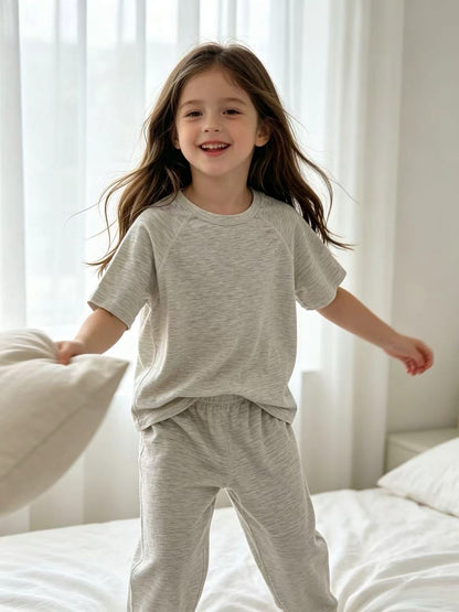 Kids Cotton Lyocell Loungewear Set, Raglan Short‑Sleeve Top & Jogger Pants 2‑Piece Soft Sleepwear Outfit