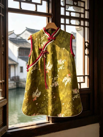 Vintage Chinese Style Kids Sleeveless Cheongsam Vest Dress Goldfish