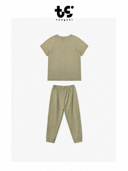 Kids Cotton Lyocell Loungewear Set, Raglan Short‑Sleeve Top & Jogger Pants 2‑Piece Soft Sleepwear Outfit