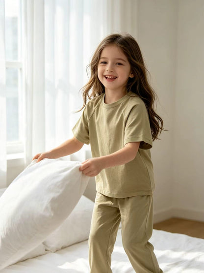 Kids Cotton Lyocell Loungewear Set, Raglan Short‑Sleeve Top & Jogger Pants 2‑Piece Soft Sleepwear Outfit