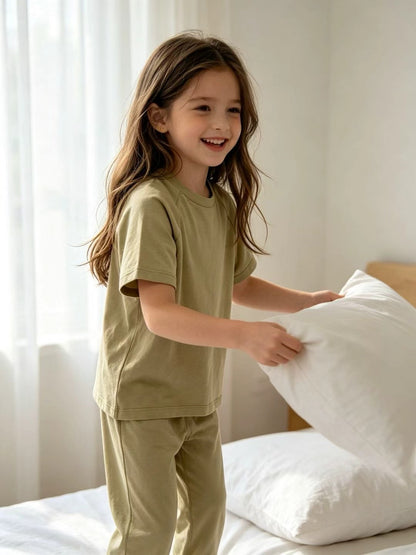 Kids Cotton Lyocell Loungewear Set, Raglan Short‑Sleeve Top & Jogger Pants 2‑Piece Soft Sleepwear Outfit