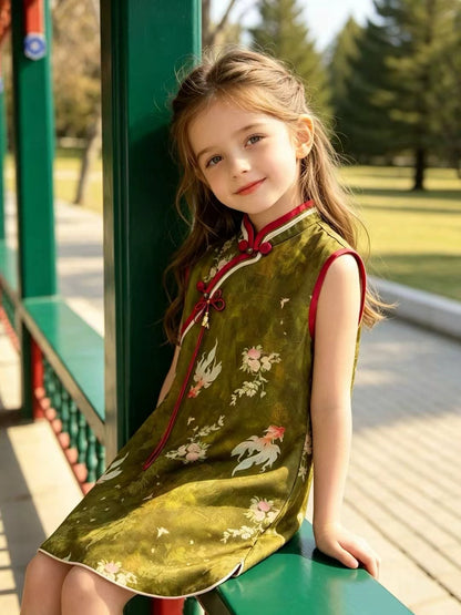 Vintage Chinese Style Kids Sleeveless Cheongsam Vest Dress Goldfish