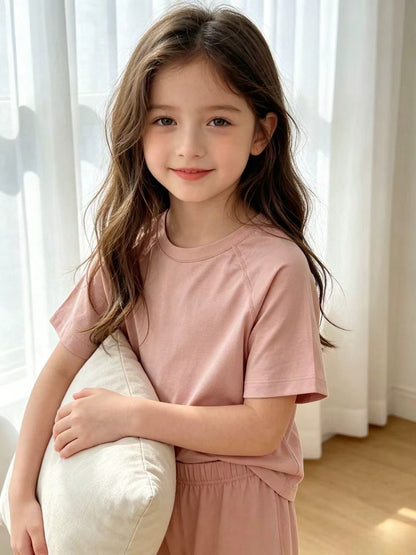Kids Cotton Lyocell Loungewear Set, Raglan Short‑Sleeve Top & Jogger Pants 2‑Piece Soft Sleepwear Outfit
