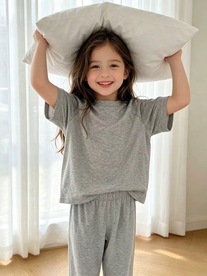 Kids Cotton Lyocell Loungewear Set, Raglan Short‑Sleeve Top & Jogger Pants 2‑Piece Soft Sleepwear Outfit