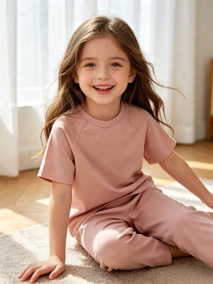Kids Cotton Lyocell Loungewear Set, Raglan Short‑Sleeve Top & Jogger Pants 2‑Piece Soft Sleepwear Outfit