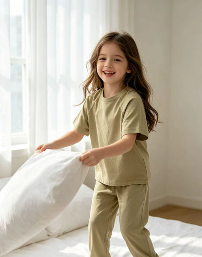 Kids Cotton Lyocell Loungewear Set, Raglan Short‑Sleeve Top & Jogger Pants 2‑Piece Soft Sleepwear Outfit