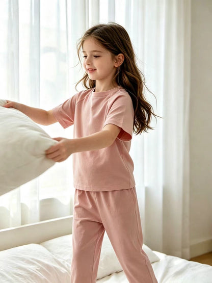 Kids Cotton Lyocell Loungewear Set, Raglan Short‑Sleeve Top & Jogger Pants 2‑Piece Soft Sleepwear Outfit
