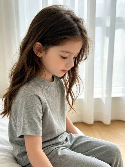 Kids Cotton Lyocell Loungewear Set, Raglan Short‑Sleeve Top & Jogger Pants 2‑Piece Soft Sleepwear Outfit