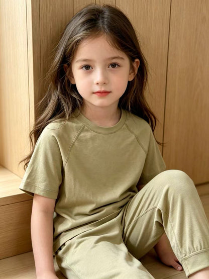 Kids Cotton Lyocell Loungewear Set, Raglan Short‑Sleeve Top & Jogger Pants 2‑Piece Soft Sleepwear Outfit